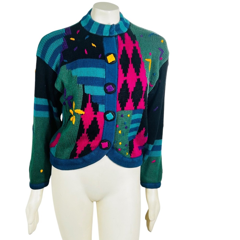 R I R 1993 Vintage Cardigan Sweater Bright Button Cropped Geometric Y2K Size 1‎